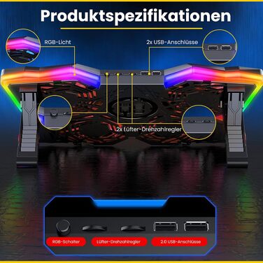 Охолоджувач для ноутбука Offgridtec K25 Pro: підставка з 4 тихими вентиляторами (1100 об/хв), 2 USB-порти, регулювання висоти, ергономічний дизайн для ігрових ноутбуків та консолей 10-17 дюймів, червоний