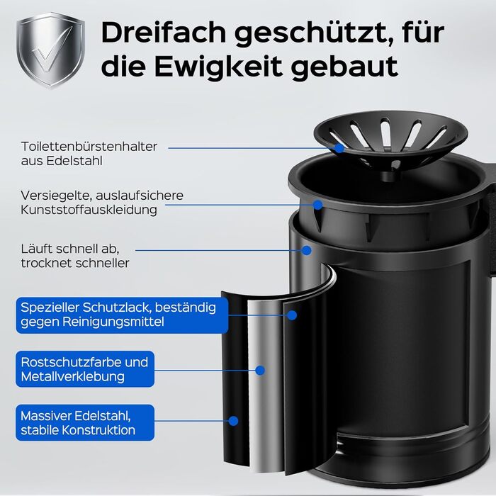 Набір для чищення унітазу Hamitor: щітка з силікону та нержавіючої сталі, кріплення на стіну без свердління, швидке висихання, для ванної кімнати (Чорний)