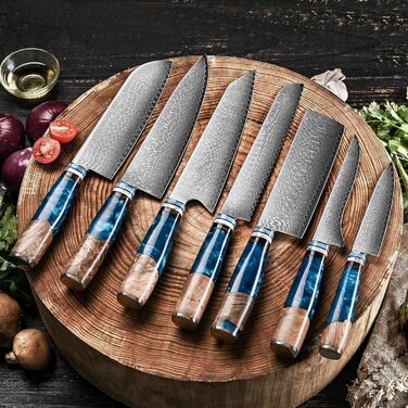 Набір професійних кухонних ножів oFuun Damast: Guyto, Nakiri, Kiritsuke, Ausbeinmesser, Allzweckmesser (20 см, 67 шарів)