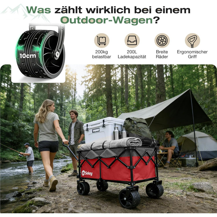 Універсальний візок Sekey XXL Plus 200L/200кг: Складаний, гальмівний, позашляховий, червоно-сірий, колеса 10 см