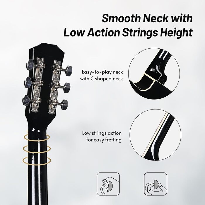 Акустична гітара ADM 38 дюймів для початківців та дорослих: повний комплект з онлайн-уроками, кейс, ремінь, медіатор, каподастр, підставка, чорний колір