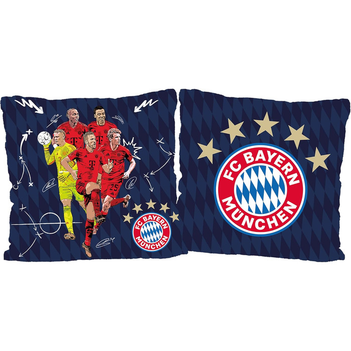 Двостороння подушка FC Bayern München 40x40 см з гравцями (Neuer, Kane, Müller, Tel) – декоративна подушка для дивана й ліжка, футбольний сувенір, ідеальна для фанатів, сумісна з постільною білизною ФКБ