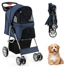Візок для собак SOARS, до 15 кг, складний, з сітковими віконцями, тримачем для напоїв та кошиком для зберігання, візок для домашніх тварин для маленьких тварин (Темно-синій)