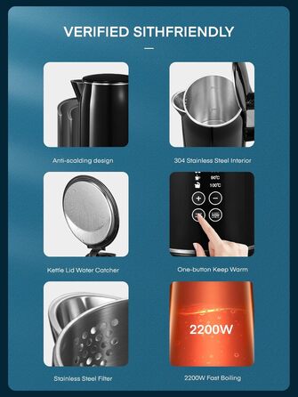 Електричний чайник FOHERE з регулюванням температури 1.7L, LCD дисплеєм (40°C - 100°C), чорний, з підігрівом до 240 хв, 2200W