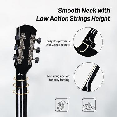 Акустична гітара ADM 38 дюймів для початківців та дорослих: повний комплект з онлайн-уроками, кейс, ремінь, медіатор, каподастр, підставка, чорний колір