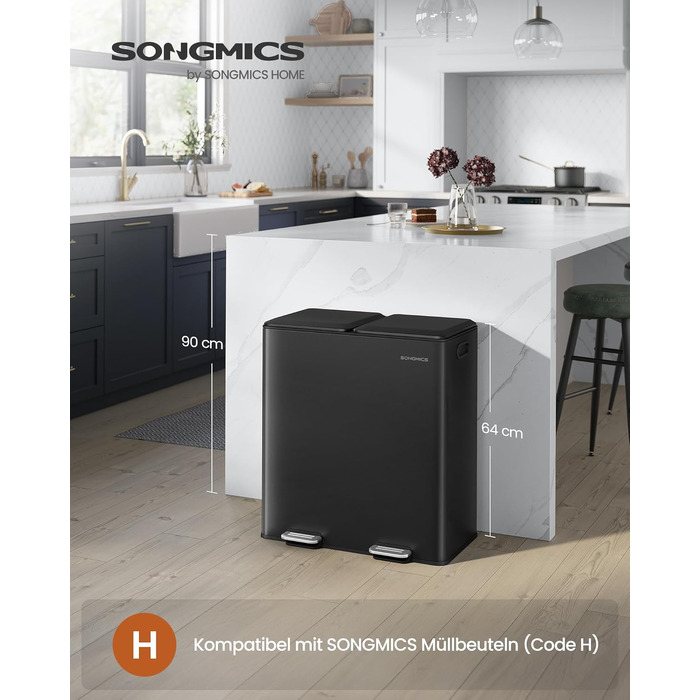 Сміттєвий відер SONGMICS POPNEX для кухні, 2 відсіки по 30 л, система сортування сміття з педаллю та Softclose, нержавіюча сталь, чорний (LTB743E01)
