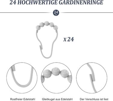 Штанга для душу U/L форми, 75x(150-190)x75 см - 2 в 1 (душова завіса, ванна, кут) - без кріплення до стелі, 24 кільця з нержавіючої сталі (біла)