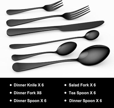Набір столових приборів 36 шт. для 6 осіб - нержавіюча сталь, чорне матове покриття, ніж, виделка, ложка - придатний для миття в посудомийній машині