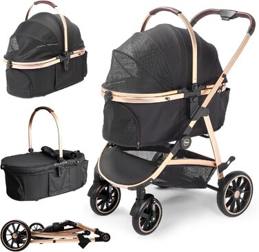 Трансформер для собак, візок-кішочка, складний, до 25 кг, з алюмінієвим каркасом, поворотні колеса, гальма, страховка, зручне сидіння (Чорний)