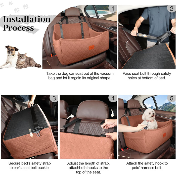 Wooaidagg Large Dog Car Seat - Memory Foam Bed for Medium & Large Dogs, Washable & Detachable, Includes 2 Leashes (Brown)