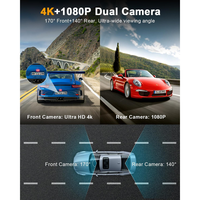 Відеореєстратор у машину Dashcam 4K з двома камерами, WiFi, 64GB SD карта, паркувальний асистент, нічне бачення, 170°+140° кут огляду, 3' IPS дисплей, G-сенсор, циклічна запис, паркування, підтримка карт до 256GB