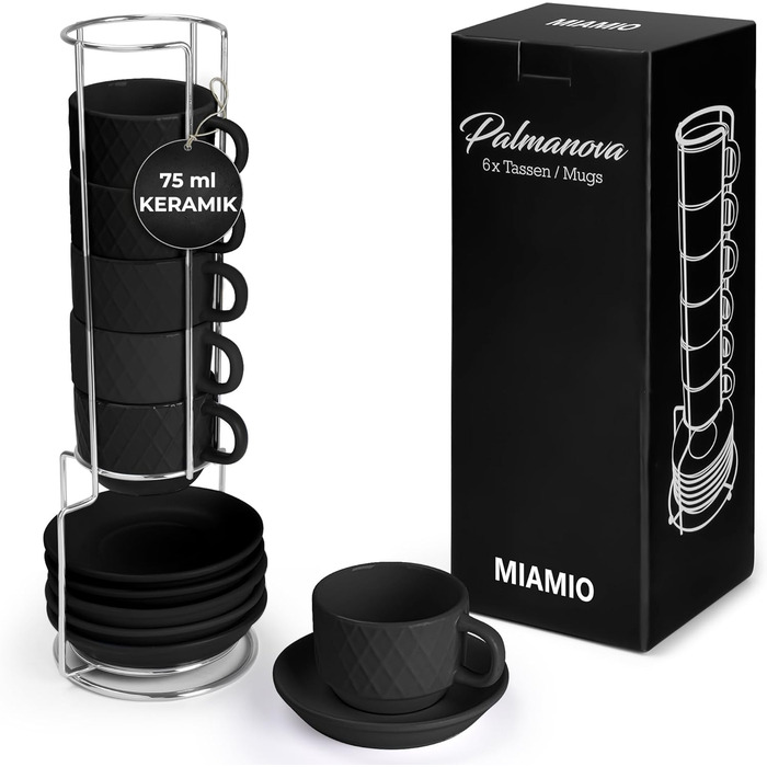 MIAMI – 6 x 75 ml Espresso Cups/Espresso Cup Set with Stand Stoneware Ceramic - Palmanova Collection (Black)
