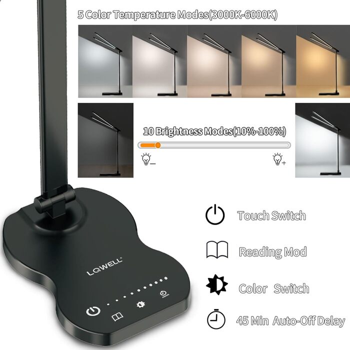 LED лампа настільна LQWELL® QM019, чорна: регулювання яскравості, 5 кольорів, 10 рівнів, USB-зарядка, сенсорне керування, пам'ять, для дітей, офісу