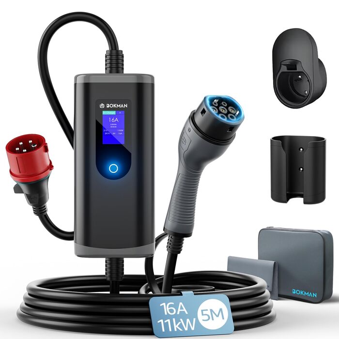 Кабель для зарядки електромобілів Bokman Typ 2 з CEE роз'ємом, 5 метрів, 6-16A, 11kW, 3-фазний, IP65 вологостійкий, портативний зарядний пристрій для електромобілів, мобільна зарядка, станція зарядки, IEC 62196-2, з сумкою та мікрофіброю
