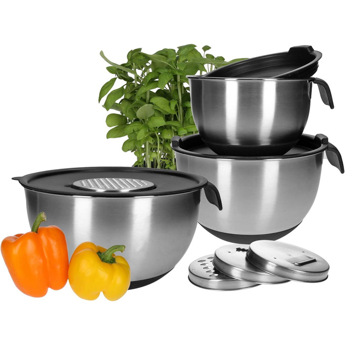 Stainless steel key set, 11-piece, anti-slip mixing bowls with lid, handle, measuring cup, and spout, including accessories, dough scraper, vegetable slicer for grating salad, stackable