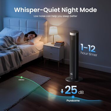 Вентилятор Pureborne 91 см з осциляцією, керуванням Wi-Fi та пультом, 4 швидкості та 4 режими, таймер 12 годин, чорний