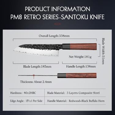 Японський ніж Santoku 18,5 см Hezhen, кухонний, з кованого сталі, з дерев'яною ручкою