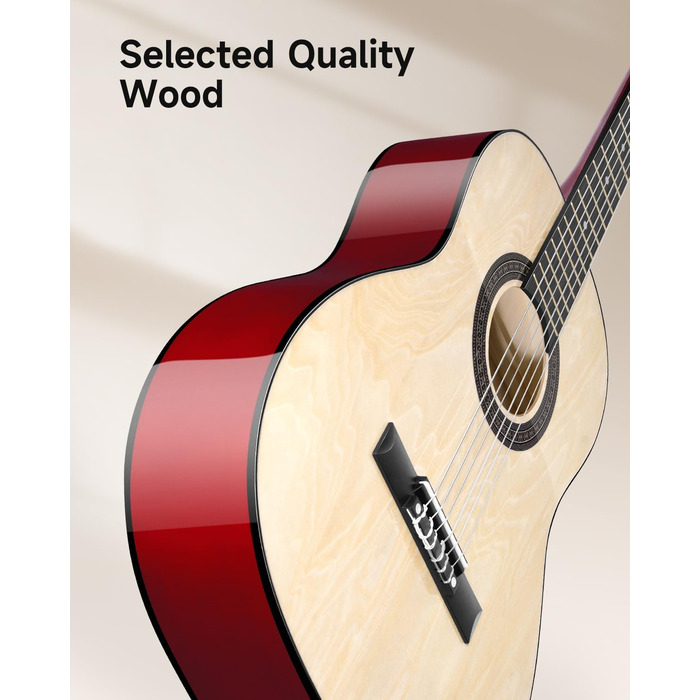 Акустична гітара Moukey для початківців, дітей, підлітків та дорослих, Cutaway, повний комплект з тюнером, мешком, медіатором та нейлоновими струнами (36 дюймів, натуральний колір)