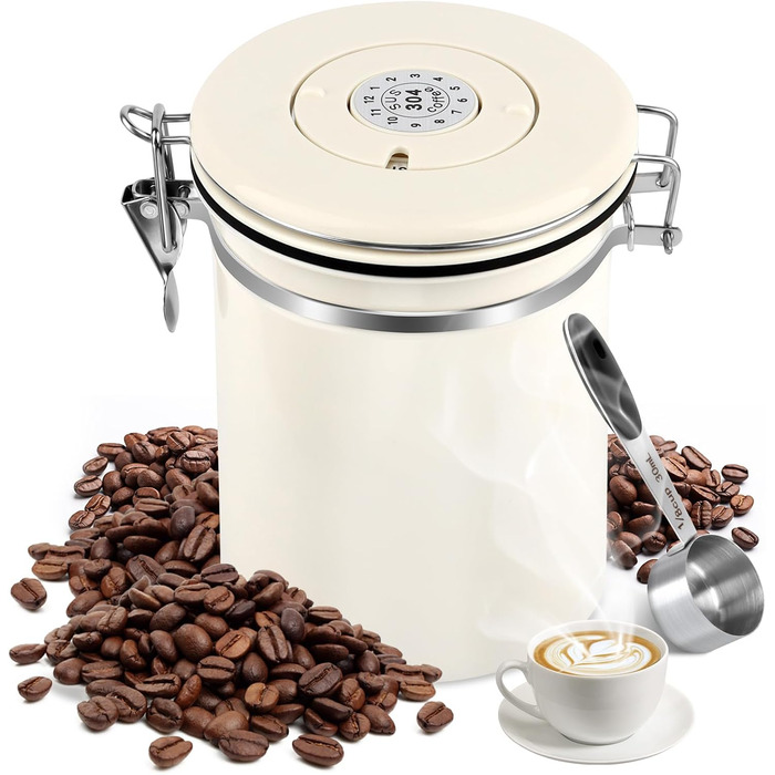 Герметичний контейнер для кави з нержавіючої сталі 1,8л з випускним клапаном, Vorratsdose для кавових зерен, горіхів, какао (Бежевий/Білий)