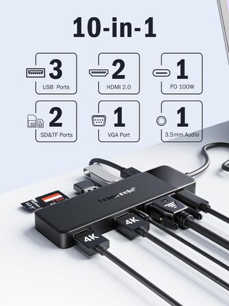 Док-станція Lemorele USB C з хабом 11 в 1: 2*HDMI (4K), 3*USB 3.0/2.0, VGA, PD 100W, SD/TF, для Windows, MacBook, Dell, HP, Lenovo, Surface
