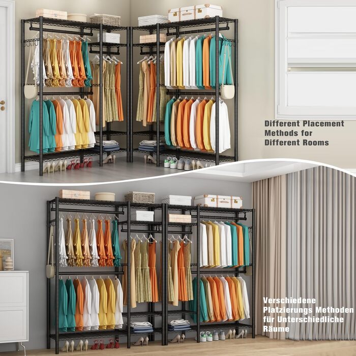 KZOBYD Clothes Rack, Freestanding Clothes Rod with Shelf Metal Wardrobe with Hanging Rods Black Open Clothes Closet with 4 Adjustable Shelves for Coats, Dresses, Shoes