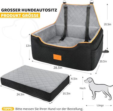 GL GLENSLAVE Dog Car Seat for Medium/Large Dogs - Elevated Pet Seat for Dogs Up to 25kg or 2 Small Dogs - Removable & Washable with Thick Cushions & Storage Pockets (Black/Gray)