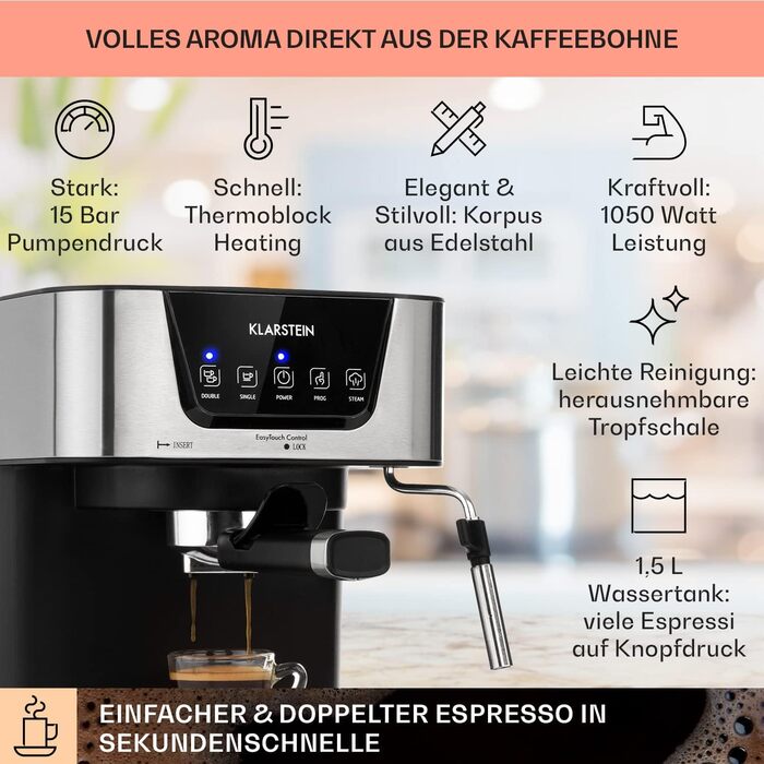 Klarstein Espresso Siebträgermaschine: компактна кавомашина для еспресо з молочною піною, 1,8 л, 20 бар, нержавіюча сталь, 1350 Вт