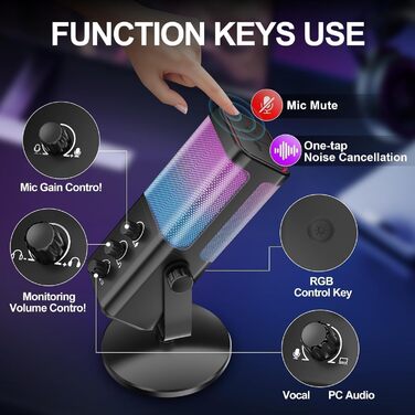 Мікрофон USB для ігор та стрімінгу з RGB підсвічуванням та шумозаглушенням. Підходить для ПК, PS4, PS5, Mac, запису подкастів та ASMR.