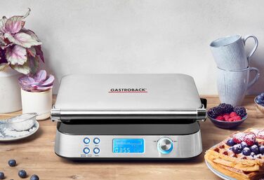 Вафельниця GASTROBACK 42424 Advanced Control, 1600 Вт, 5 програм, 7 рівнів підсмаження, LCD-дисплей, нержавіюча сталь, срібляста, одиночна