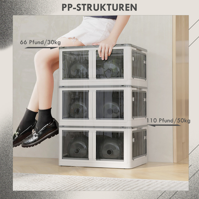 Outsunny Storage Box Chest 69L Stackable Cushion Box with Wheels Foldable Storage Box 5-Sided Access in White