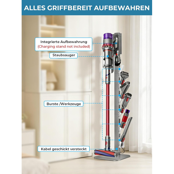Підставка для пилососа Dyson V16, Gen5, V15, V12, V11, V10, V8, V7, V6 – металева, настільна, з 4 гаками, без свердління, срібляста