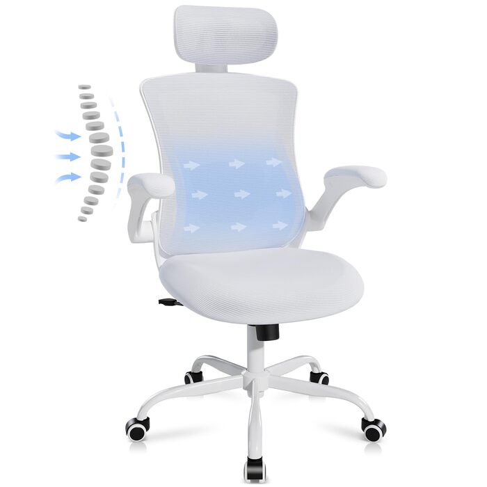 Офісний крісло COLAMY з ергономічною сіткою, регульованою підголівником та поперековою підтримкою, підйомними підлокітниками, функцією гойдання та фіксації, регульоване по висоті, (Білий, універсальний розмір)