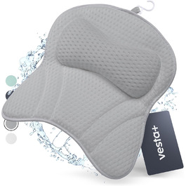 Vesta+ Grey Bath Pillow with Suction Cups - Tested Winner - Neck & Back Support - Non-Slip Bath Cushion for Bathtub & Shower