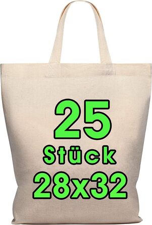 25 Cotton Bags 28 x 32 cm - Jute Bag Medium – Natural Apothecary Bag, Shopping Bag, Yarn Bag Gift Bag ÖKO-TEX® certified Fabric Bag Unprinted, short handles for painting and printing