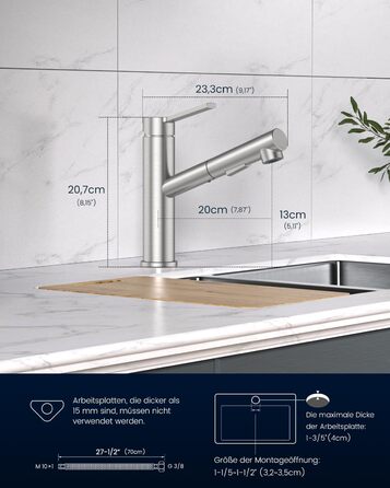 Однолеверний змішувач для кухні Dayone з висувною лійкою, нержавіюча сталь, 3 режими, 360° обертання, для кухонних мийок (15 см), матовий, преміум якість