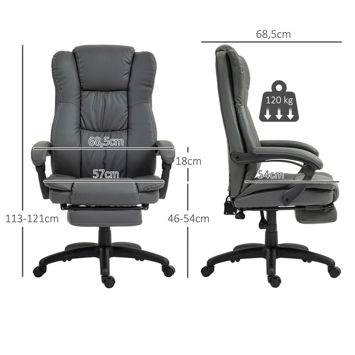 Vinsetto Office Chair Executive Swivel Chair with Footrest and Headrest, Ergonomic Chair, Vibration Desk Chair with Reclining Function, Massage Function, Faux Leather, Dark Grey, 68.5x68.5x113-121cm | Aosom