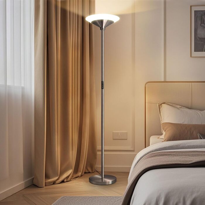 LED торшер BBHome для вітальні з регулюванням яскравості, 27W, з лампою для читання 6W, дистанційним керуванням та сенсором, 3000K-6500K, срібний