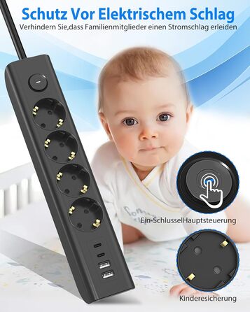 Многофункціональна мережева розетка 8 в 1 з USB, 3680W, з вимикачем, 16A, 2 USB-C, для смартфонів, ноутбуків, iPad, білий/чорний, 1.8м кабель