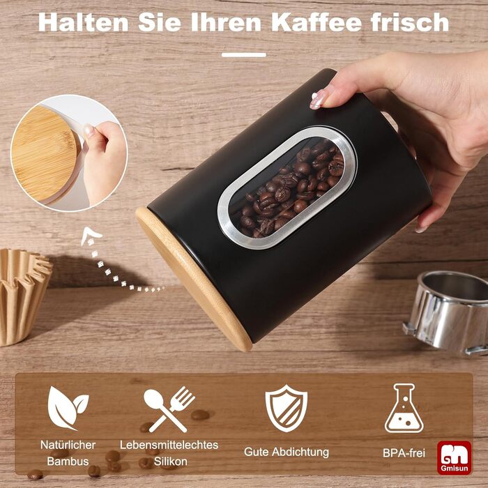Герметична кавова банка Gmisun, 500г / 1,5л: для кавових зерен, меленої кави, капсул та паді, чорного кольору