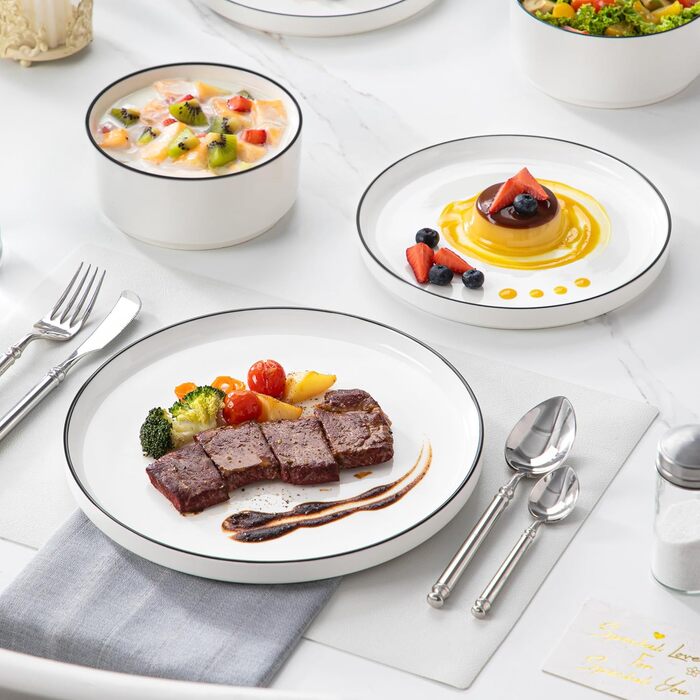 MALACASA, Leah Series, Dinnerware Set for 4 People, 12-Piece Porcelain Tableware Set, Combination Set, White Dinnerware with Black, Dinnerware Set consisting of 4x Dinner Plates, 4x Dessert Plates, 4x Cereal Bowls with Black Rim, 12-Piece