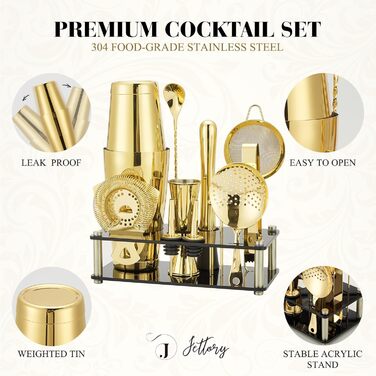 Набір шейкерів Boston - 16 предметів з нержавіючої сталі з акриловою основою, набір для приготування коктейлів (золотий)