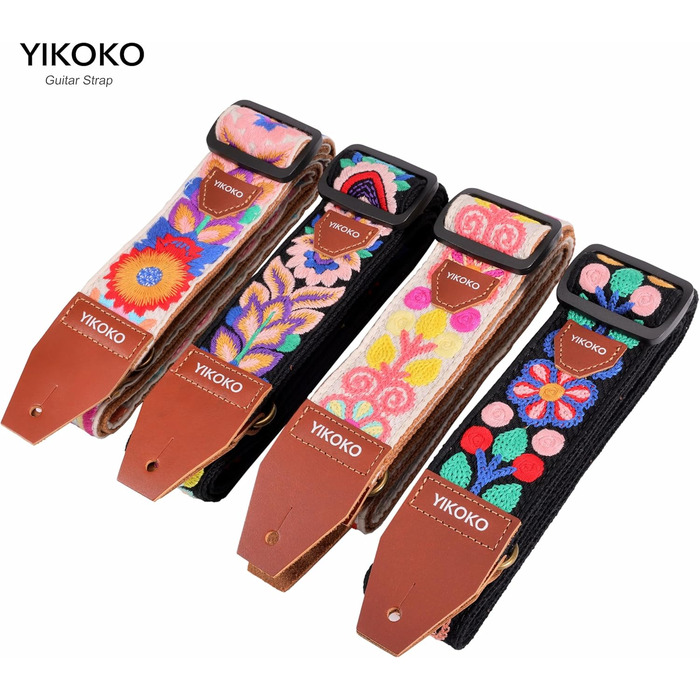 Гітарний ремінь 5,1 см з бавовни з шкіряними кінцями для бас-гітари, електрогітари та акустичної гітари (Кольорова квітка 02)