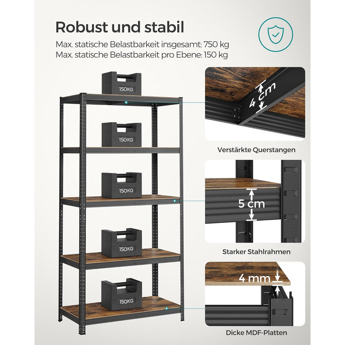 SONGMICS Industrial 5-Tier Shelf Unit - Vintage Brown & Black (60x120x200cm)