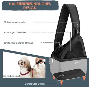 Dog-friendly sling carriers, hands-free travel bag for small pets with adjustable straps, hardboard base, safety belt, for dogs up to 2.8kg, wider version (L (For pets under 5.5kg), Black)