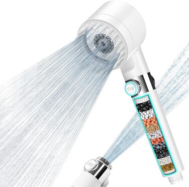 Showerhead with Filter MEKO High-Pressure Hand Shower with 15-Layer Filtration, 1.5M Hose, 3 Spray Patterns, Water-Saving Showerhead for Removing Hard Water, Residual Chlorine, Bacteria, and Heavy Metals (White)