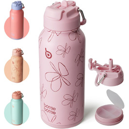 BOTTLE BOTTLE Stainless Steel Water Bottle 1L with Straw – Leak-Proof Insulated Bottle for Sports & Gym, with Pill Compartment, BPA-Free, Double-Walled (Pink Flowers)