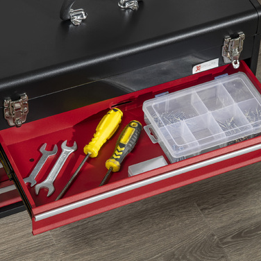 DURHAND Tool Case Practical Tool Box without Tools 3 Drawers with Handle Steel Lock Black Red
