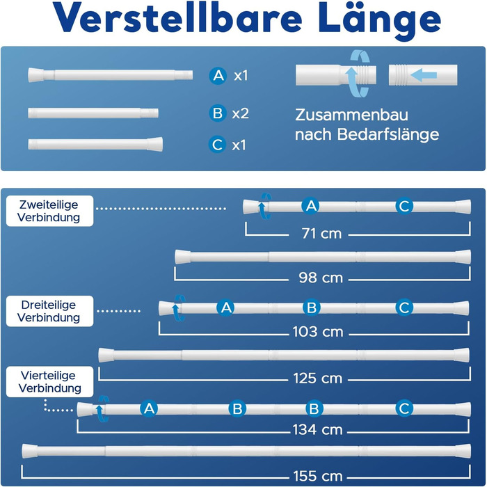 Штанга для карнизів без свердління, біла, 71-155 см, Ø 25 мм, телескопічна, для штор, душової завіси та гардеробу