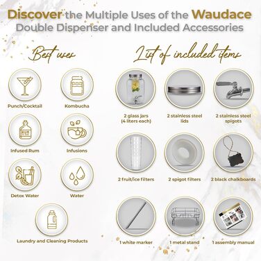 Waudace Подвійний диспенсер для напоїв з скла 4 л зі стійкою, нержавіючим краном і кришкою, з фільтром – для води, коктейлів, пуншу та соку, для весіль, вечірок і заходів