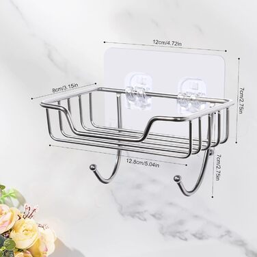 Тримач для мила без свердління Uten, нержавіюча сталь, самоклеючий, з 2 гачками, для мила та губки, для душу, ванної кімнати, кухні, сріблястий